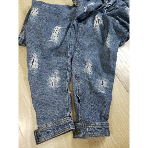 Free People Jean Jacket Women's LARGE Cotton Bomber Full Zipper Snap Distressed - Picture 8 of 10